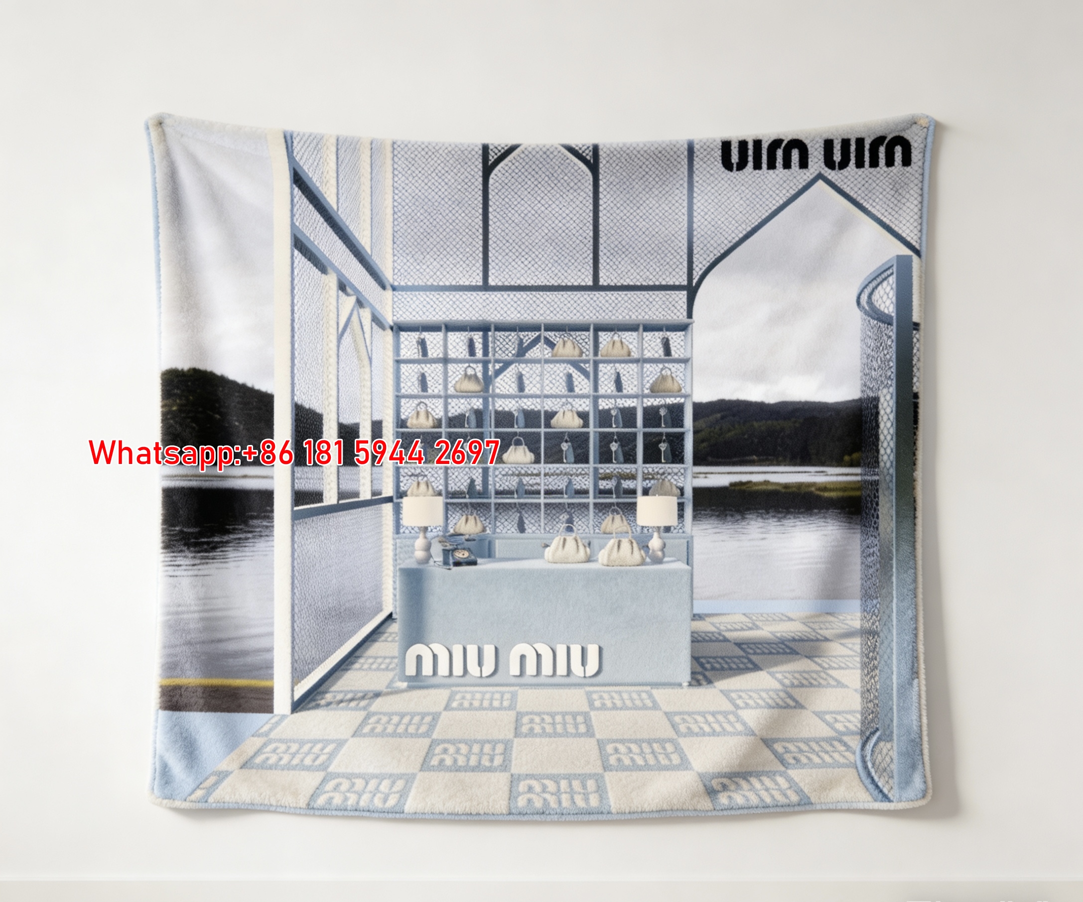Miu Miu Light Blue & White Lakeside Bag Display Print Flannel Sofa Throw Blanket IMG_0524